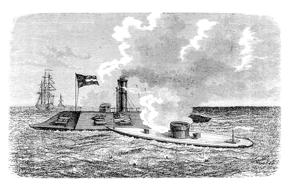 USS Merrimack steam frigate launched in 1855, captured in the American Civil War renamed CSS Virginia and used against the ironclad Monitor in the battle of Hampton Roads in 1862
