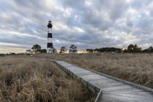 Bodie Lighthouse in Winter with Storm Clouds