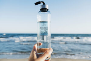 water bottle with the text life without plastic