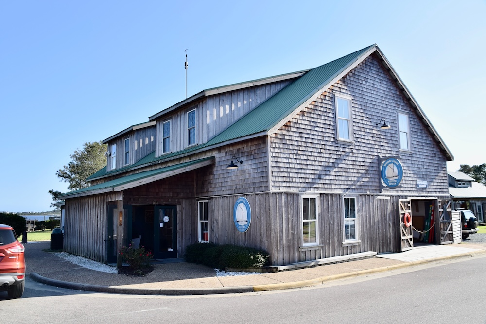 Roanoke Island Maritime Museum. A grey wooden building. Manteo, USA, October 1, 2019.