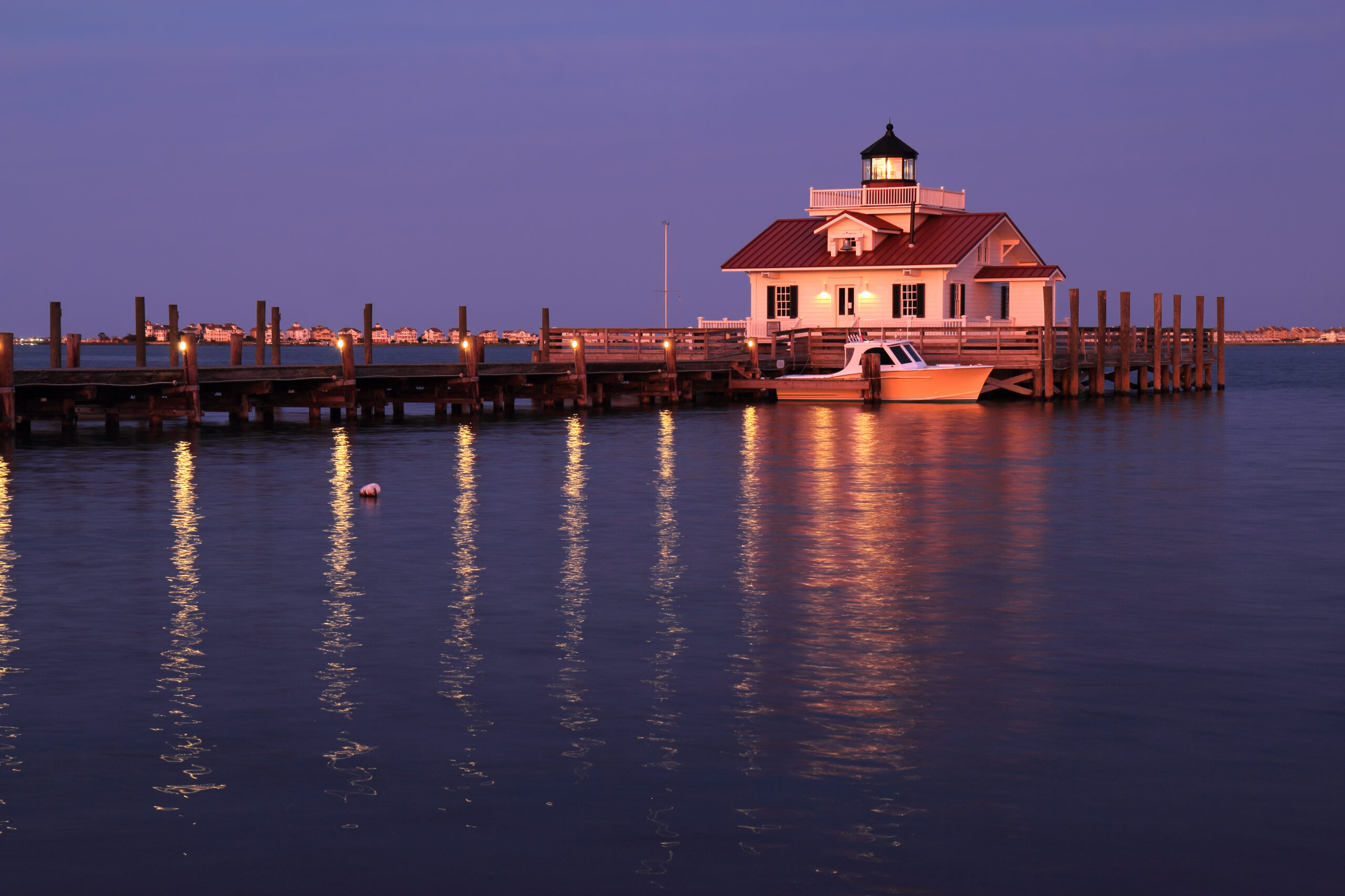 This is a replica of the original Roanoke Marshes Light which was at the southern entrance to Croatan Sound near Wanchese, North Carolina. The replica was finished in 2004 and is located on the waterfront in Manteo, where it serves as a reminder of the past and the venue for various events sponsored by the North Carolina Maritime Museum.