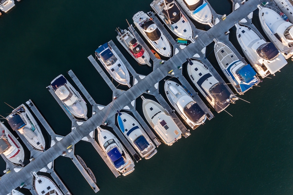 aerial view of boats in a marina