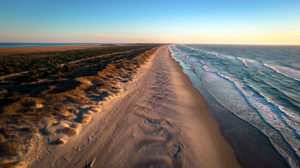 Aerial view of coastline and sand dunes on Outer Banks Ocracoke Island.